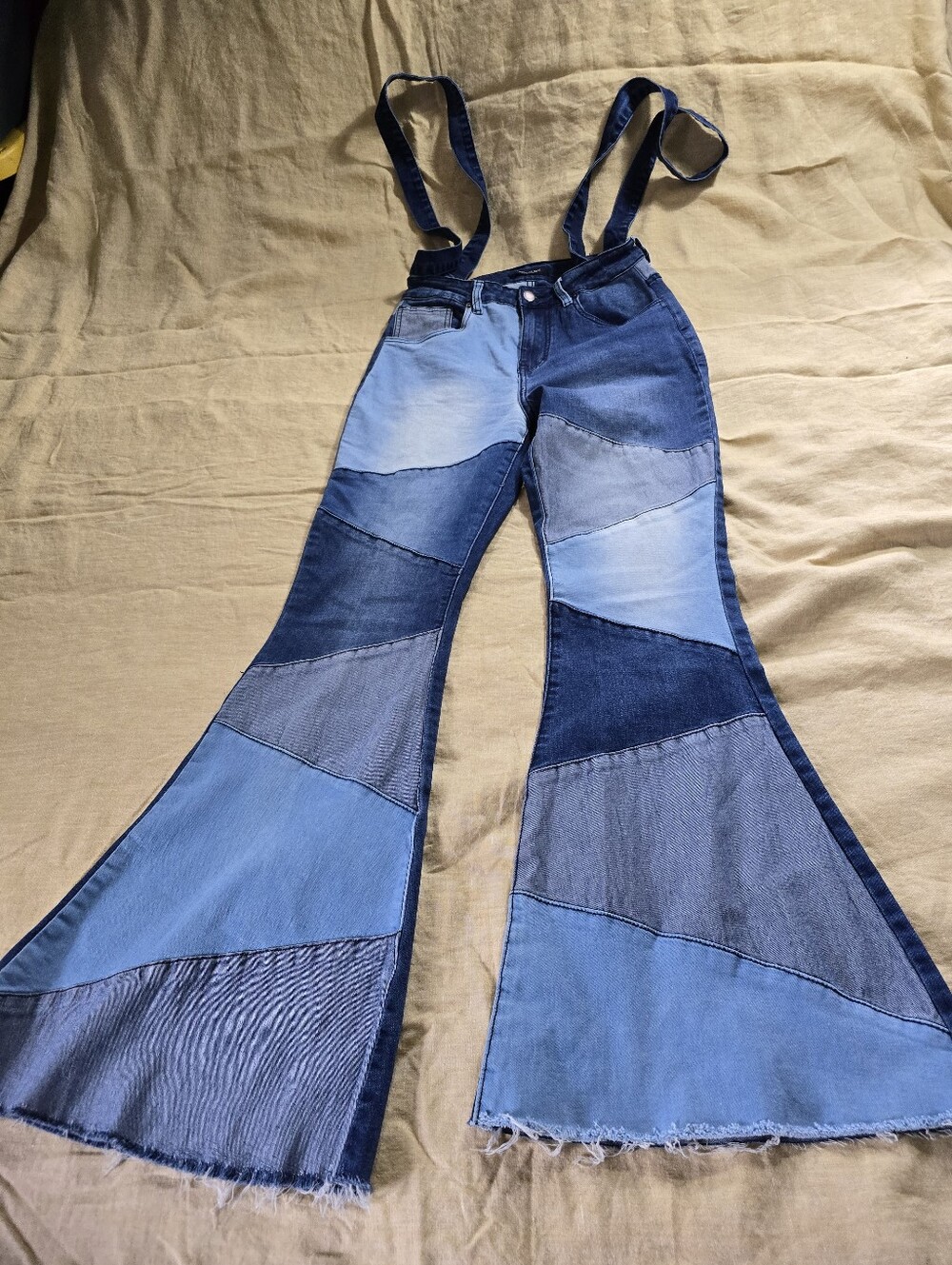 American Bazi Patchwork Denim High Rise Flare Bell Bottoms with Suspenders